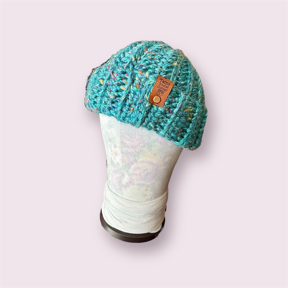 Cozy Turquoise Speckled Beanie | Handmade Women’s Crochet Hat with Folded Brim